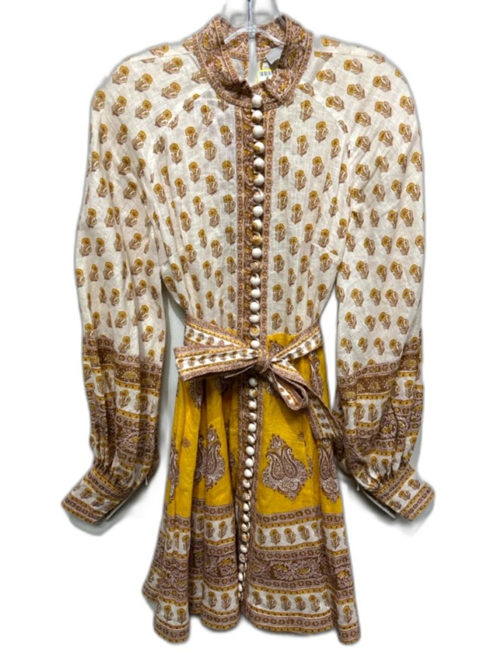 Zimmermann Bonita Buttoned Linen Mini Dress Mustard Paisley XS - Picture 12 of 13